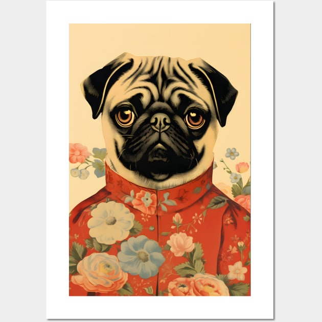 Floral Pug Dog Portrait in Suit Vintage Art Wall Art by Art-Jiyuu